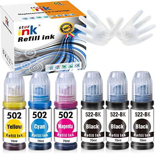 st@r ink Compatible Ink Bottle Replacement for Epson 522 502 Refill for EcoTank ET-2720 ET-2800 ET-4700 ET-4800 ET-2710 ET-2803 Printer(3BK, 1C, 1M, 1Y), 6 Packs