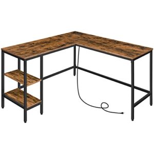 hoobro l shaped computer desk with charging station, industrial corner writing desk with adjustable shelves, study workstation for home office, stable and space-saving rustic brown and black bf35udn01