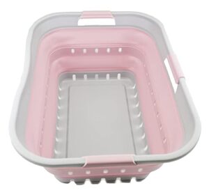 sammart 42l (11 gallon) collapsible plastic laundry basket - foldable pop up storage container/organizer - portable washing tub - space saving hamper/basket (grey/pale pink)