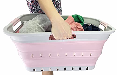 SAMMART 42L (11 gallon) Collapsible Plastic Laundry Basket - Foldable Pop Up Storage Container/Organizer - Portable Washing Tub - Space Saving Hamper/Basket (Grey/Pale Pink)