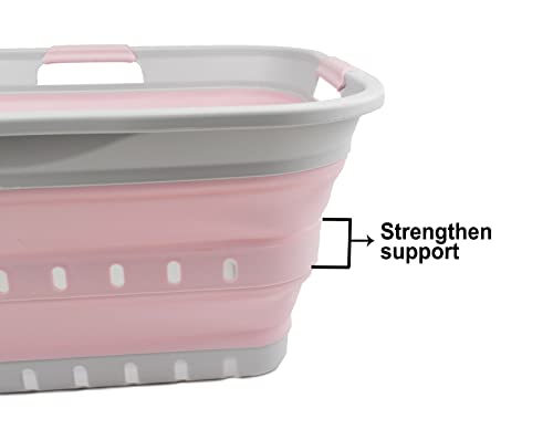 SAMMART 42L (11 gallon) Collapsible Plastic Laundry Basket - Foldable Pop Up Storage Container/Organizer - Portable Washing Tub - Space Saving Hamper/Basket (Grey/Pale Pink)