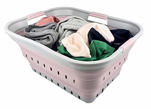 SAMMART 42L (11 gallon) Collapsible Plastic Laundry Basket - Foldable Pop Up Storage Container/Organizer - Portable Washing Tub - Space Saving Hamper/Basket (Grey/Pale Pink)