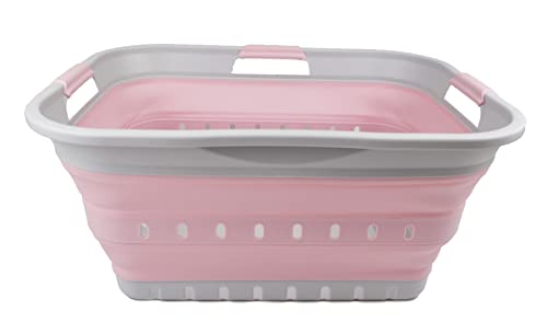 SAMMART 42L (11 gallon) Collapsible Plastic Laundry Basket - Foldable Pop Up Storage Container/Organizer - Portable Washing Tub - Space Saving Hamper/Basket (Grey/Pale Pink)