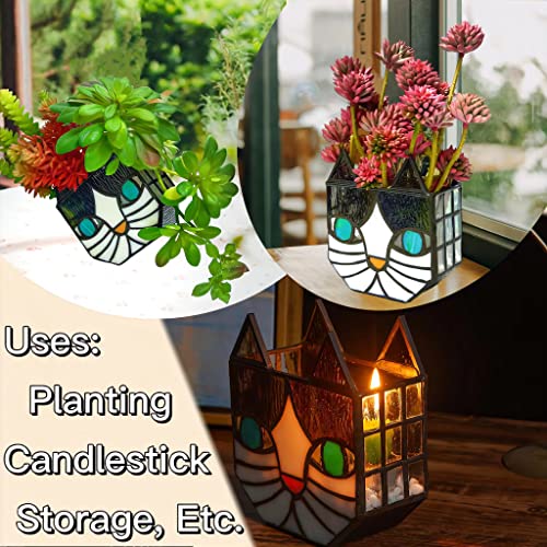 Tiffany Cute Cat Stained Glass Flower Pots,Indoor and Outdoor Plant Displays,Cat Plant Planter,Candle Holder Container Decoration 4.6 x 5.15 x 2.3 inch(Without Succulents)