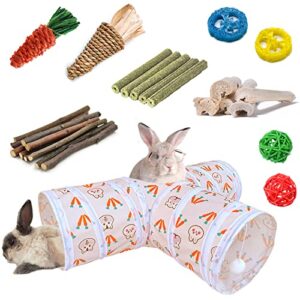 hercocci bunny tunnels & tubes, collapsible 3 way rabbit hideout tunnel with chew toys for rabbit bunny guinea pig ferret kitten
