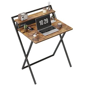 cubicubi small folding computer desk 30 inch with shelf and storage bag, no assembly required, home office writing desk, small study table, rustic brown