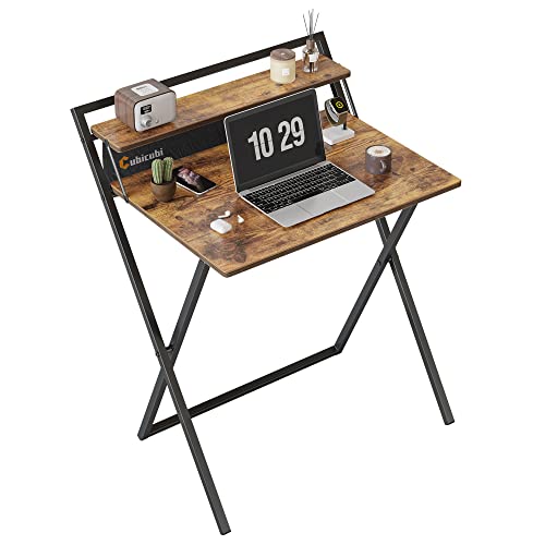 CubiCubi Small Folding Computer Desk 30 Inch with Shelf and Storage Bag, No Assembly Required, Home Office Writing Desk, Small Study Table, Rustic Brown