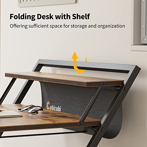 CubiCubi Small Folding Computer Desk 30 Inch with Shelf and Storage Bag, No Assembly Required, Home Office Writing Desk, Small Study Table, Rustic Brown