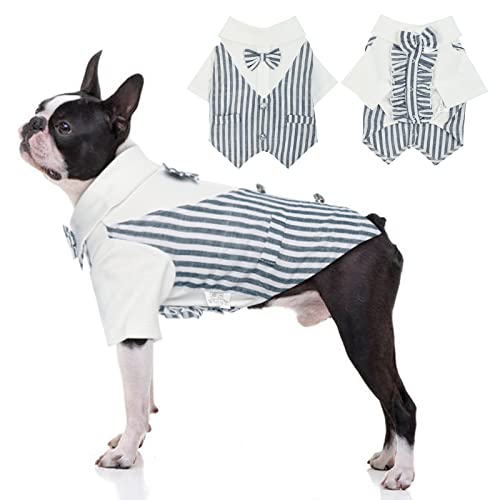 DENTRUN Dog Tuxedo Stylish Suit Formal Puppy Bow Tie Costume, Puppy Vertical Stripe Tuxedo Outfits Wedding Halloween Birthday Cosplay Party Shirt, Pet Clothes for Small Medium Dogs