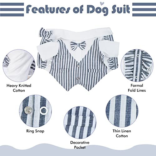 DENTRUN Dog Tuxedo Stylish Suit Formal Puppy Bow Tie Costume, Puppy Vertical Stripe Tuxedo Outfits Wedding Halloween Birthday Cosplay Party Shirt, Pet Clothes for Small Medium Dogs