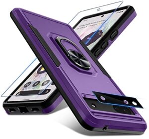 google pixel 6a 5g case with screen protector + camera lens protector,heavy duty shockproof full body protective phone cover,built in rotatable magnetic ring holder kickstand,2022 lavender