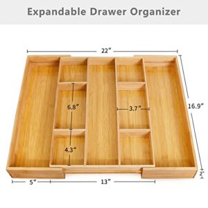 oridom Expandable Bamboo Kitchen Drawer Organizer with 4 Removable Inserts for Cutlery and Utensils, Adjustable Bamboo Wood Cutlery Tray in Drawer for Flatware and Silverware in Kitchen, 9 Slots