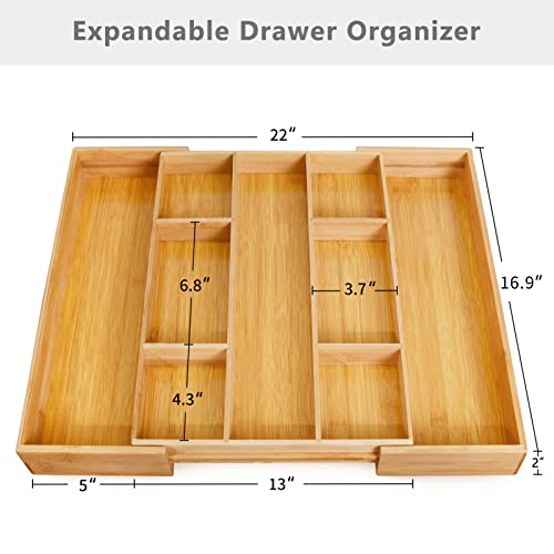 oridom Expandable Bamboo Kitchen Drawer Organizer with 4 Removable Inserts for Cutlery and Utensils, Adjustable Bamboo Wood Cutlery Tray in Drawer for Flatware and Silverware in Kitchen, 9 Slots