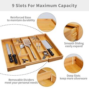 oridom Expandable Bamboo Kitchen Drawer Organizer with 4 Removable Inserts for Cutlery and Utensils, Adjustable Bamboo Wood Cutlery Tray in Drawer for Flatware and Silverware in Kitchen, 9 Slots