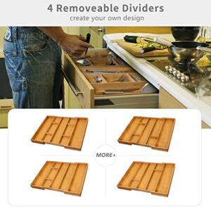 oridom Expandable Bamboo Kitchen Drawer Organizer with 4 Removable Inserts for Cutlery and Utensils, Adjustable Bamboo Wood Cutlery Tray in Drawer for Flatware and Silverware in Kitchen, 9 Slots