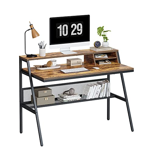 CubiCubi Computer Desk with 2 Storage Drawers, Home Office Writing Desk, Study Table for Small Space, (Brown, Storage Shelves)