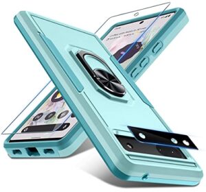 google pixel 6a 5g case with screen protector + camera lens protector,heavy duty shockproof full body protective phone cover,built in rotatable magnetic ring holder kickstand,2022 mint green