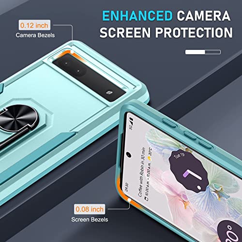 Google Pixel 6a 5G Case with Screen Protector + Camera Lens Protector,Heavy Duty Shockproof Full Body Protective Phone Cover,Built in Rotatable Magnetic Ring Holder Kickstand,2022 Mint Green