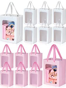 zhehao 12 pcs christmas paper gift bags with transparent window 7.09 x 5.12 x 9.84 inch gift wrap bags for bouquets with handle for festivals party, weddings, white, pink