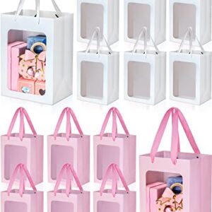 Zhehao 12 Pcs Christmas Paper Gift Bags with Transparent Window 7.09 x 5.12 x 9.84 Inch Gift Wrap Bags for Bouquets with Handle for Festivals Party, Weddings, white, Pink