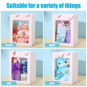 Zhehao 12 Pcs Christmas Paper Gift Bags with Transparent Window 7.09 x 5.12 x 9.84 Inch Gift Wrap Bags for Bouquets with Handle for Festivals Party, Weddings, white, Pink