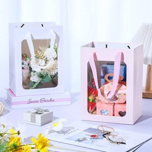 Zhehao 12 Pcs Christmas Paper Gift Bags with Transparent Window 7.09 x 5.12 x 9.84 Inch Gift Wrap Bags for Bouquets with Handle for Festivals Party, Weddings, white, Pink
