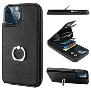folosu compatible with iphone 12 pro max case wallet with card holder, 360°rotation finger ring holder kickstand protective rfid blocking pu leather double buttons flip shockproof cover 6.7 inch black