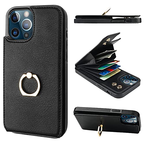 Folosu Compatible with iPhone 12 Pro Max Case Wallet with Card Holder, 360°Rotation Finger Ring Holder Kickstand Protective RFID Blocking PU Leather Double Buttons Flip Shockproof Cover 6.7 Inch Black