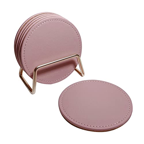 Drawwind Coaster Set of 6 with Metal Holder, Leather Coasters for Drinks with Cork Base, Pink Coaster for Coffee Table, House Warming Gift for New Home Decor