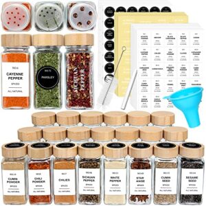 juneheart 24 pcs spice jars with label, spice jars with bamboo lids, 4 oz glass spice jars with shaker lids, 535 labels of 3 different types, seasoning jars for spice rack, cabinet, drawer
