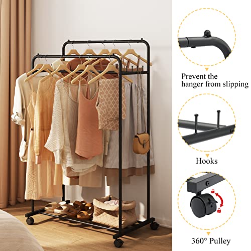 Hoctieon Double Rod Garment Rack,Clothes Rack on Wheels,Portable Clothing Racks for Hanging Clothes,Closet Hanger Rack with Shelves Black