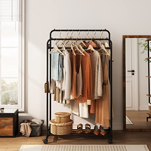 Hoctieon Double Rod Garment Rack,Clothes Rack on Wheels,Portable Clothing Racks for Hanging Clothes,Closet Hanger Rack with Shelves Black