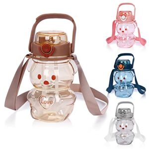 kawaii bear straw water bottles love large water cups strap for kids girls gifts school sports daily life milk tea juice travel drinking bottled water cute portable leakproof (brown)