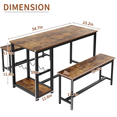 sogesfurniture 3 Pieces Dining Table Set 54.7 Inches Modern Kitchen Table Set Dining Room Table for 3-pcs Set Industrial Style with Heavy Duty Metal Frame Rustic Brown