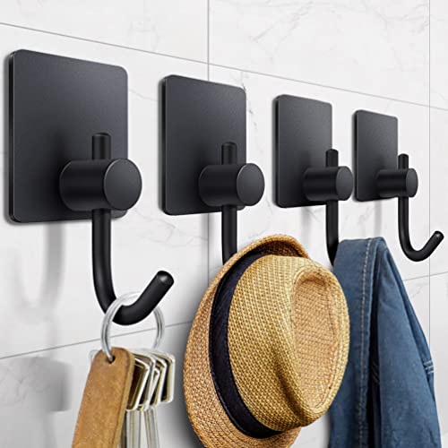 WNXSLOAD Adhesive Hooks Heavy Duty, Adhesive Wall Hooks for Hanging, Towel Hooks for Coat/Robe/Towels Stick on Bathroom/Kitchen, No Drill Coat Hooks, 4 Pack, Black