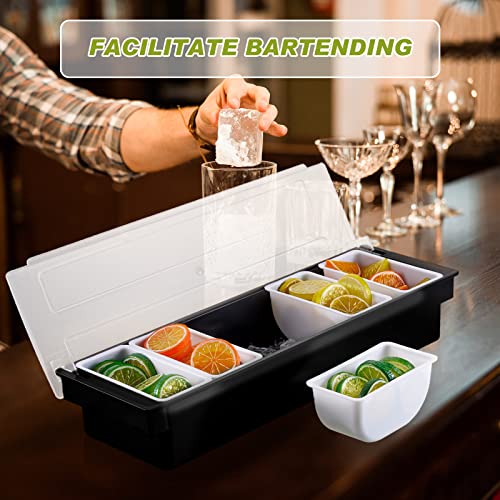 Tessco 2 Piece Ice Cooled Condiment Serving Container Chilled Garnish Tray Bar Caddy Large with Hinged Lid for Home Work or Restaurant, Black (6 Compartments)