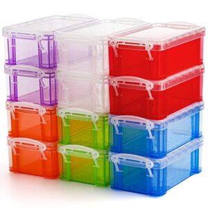 hiceeden 12 pack small plastic storage box with lid, 5.3"x3"x2" stackable clear latch storage case bins organizer container for craft items, jewelry beads, 6 colors