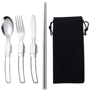 kitchenmade 4 pack reusable flatware sets knife, fork, spoon, chopsticks, stainless steel folding utensil set & nylon storage bag ，ultralight utensils for backpacking/hiking/camping