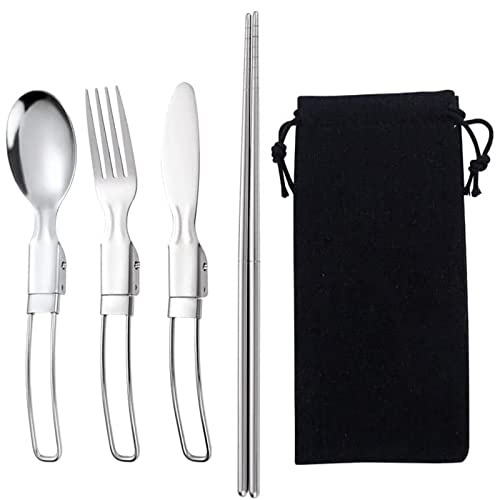 KitchenMade 4 Pack Reusable Flatware Sets Knife, Fork, Spoon, Chopsticks, Stainless Steel Folding Utensil Set & Nylon Storage Bag ，Ultralight Utensils for Backpacking/Hiking/Camping