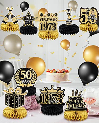 9 Pcs 50th Birthday Decoration for Men Women 50th Birthday Table Decorations Cheers to 50th Birthday Honeycomb Centerpieces 1973 Table Topper Black and Gold 50th Birthday Party Favors