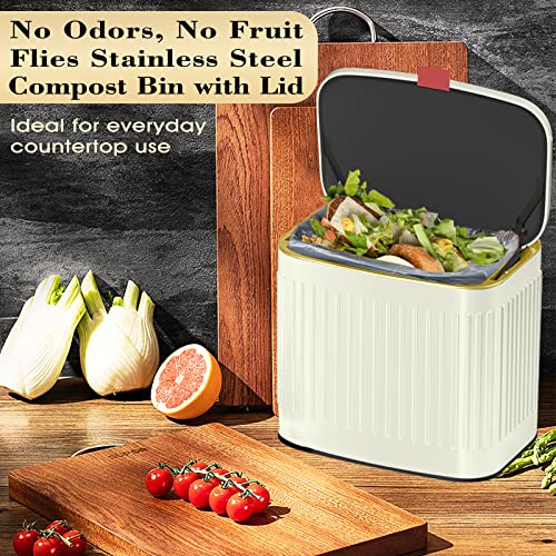Kitchen Compost Bin Trash Can with Lid, Detachable Stainless Steel Small Trash Can Compost Bin Countertop, Wall-Mount Kitchen Trash Bin for Cabinet, Under Sink, Bathroom (1.05 Gallon, 4L Ivory White)