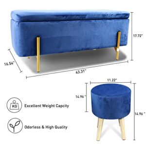 ECOMEX Storage Bench for Bedroom with 3 Footstool,End of Bed Storage Bench,43 Inches Velvet Blue Storage Ottoman Bench with Metal Legs, Large Ottoman Bed Bench for Bedroom, End of Bed,Entryway