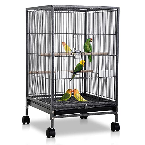 Bird Cage with Stand Wrought Iron Large 35/53-Inch Flight Cage for Parakeets Cockatiels Lovebirds Macaw Conure Birdcages with Wheels