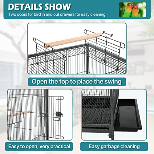 Bird Cage with Stand Wrought Iron Large 35/53-Inch Flight Cage for Parakeets Cockatiels Lovebirds Macaw Conure Birdcages with Wheels