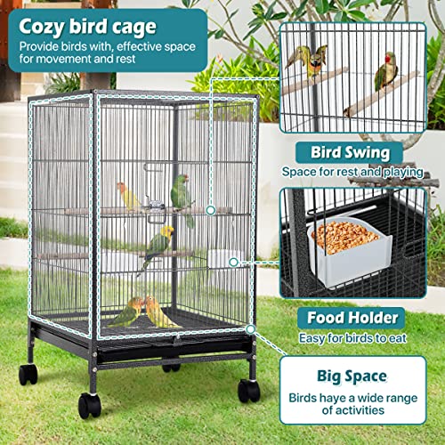 Bird Cage with Stand Wrought Iron Large 35/53-Inch Flight Cage for Parakeets Cockatiels Lovebirds Macaw Conure Birdcages with Wheels