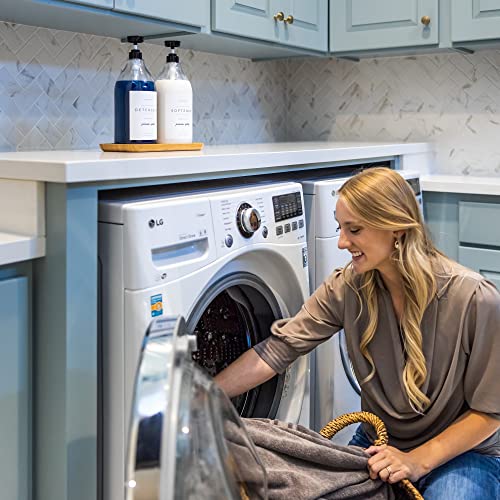 Liquid Laundry Detergent Dispenser for Laundry Room - 2 Decorative 64-Oz PET Plastic Containers with Water-Resistant Labels - Includes Pumps and Screw Caps, Collapsible Funnel, Extra Labels, Measuring Cup & Bamboo Tray