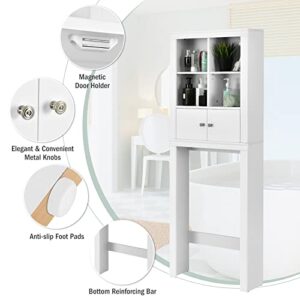 LOKO Over The Toilet Storage Cabinet, 2-Door Tall Bathroom Organizer w/ 4 Open Compartments & Adjustable Shelves, Modern Simple Toilet Space Saver, Ideal for Bathroom Laundry Balcony (White)
