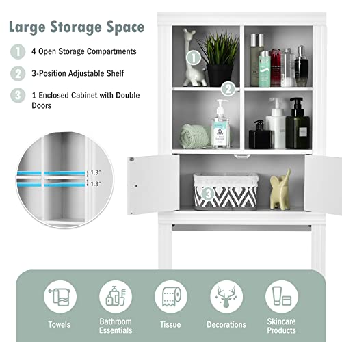 LOKO Over The Toilet Storage Cabinet, 2-Door Tall Bathroom Organizer w/ 4 Open Compartments & Adjustable Shelves, Modern Simple Toilet Space Saver, Ideal for Bathroom Laundry Balcony (White)