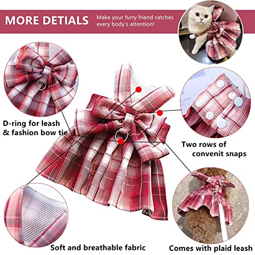 Dog Clothes for Small Dogs Girl, Plaid Dog Dresses Dog Dress Harness with Leash Set,Cute Dog Clothes for Cats Bunny Chihuahua Yorkie Pet Outfits (Small, Red)