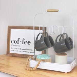 AuldHome Enamelware Coffee Mug Rack, Countertop Style White Rustic Distressed Cup Hanging Stand with Tray